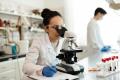 Female medical researcher examining tissue samples under a microscope in a clinical lab, with blood vials and petri dishes on the table used for diagnostic testing such as prostate cancer Gleason scoring