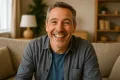 Happy middle-aged man sitting on a cozy sofa in a warmly lit living room, smiling confidently representing improved quality of life after managing Benign Prostatic Hyperplasia (BPH)