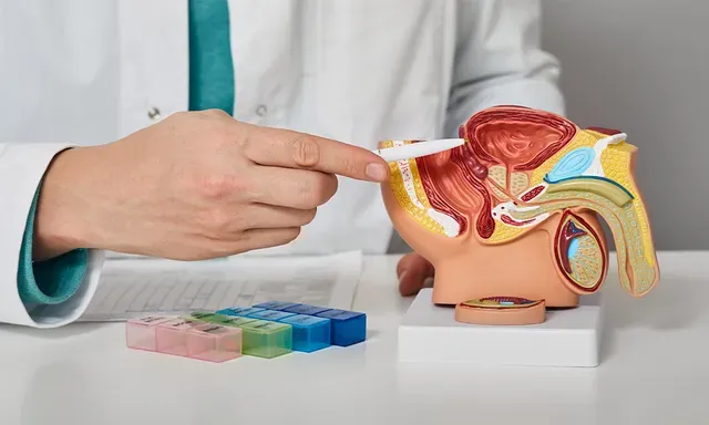 doctor pointing to a plastic model of a prostate