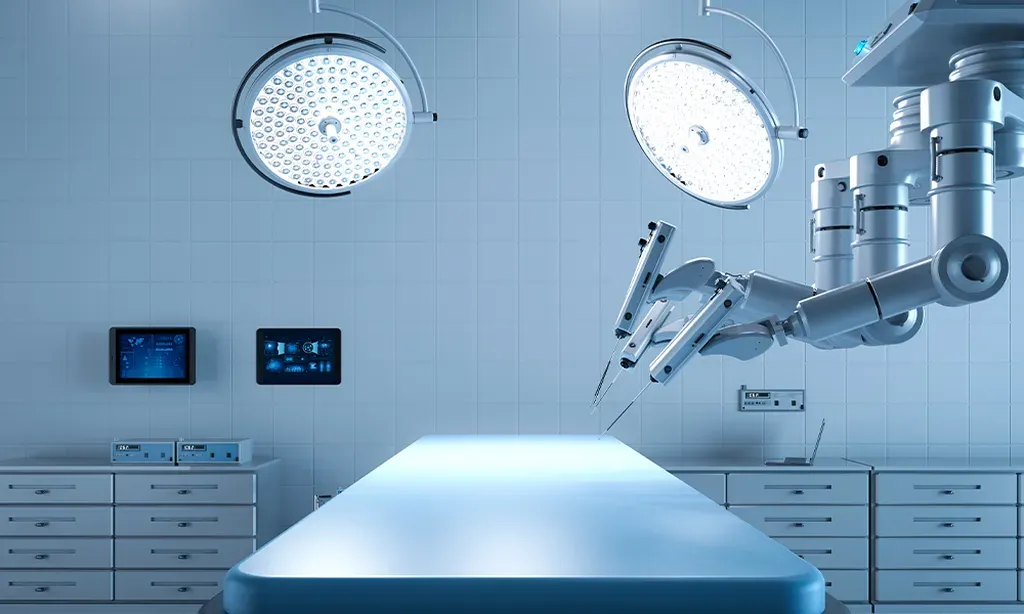 photo of robotic surgery device over an operating table