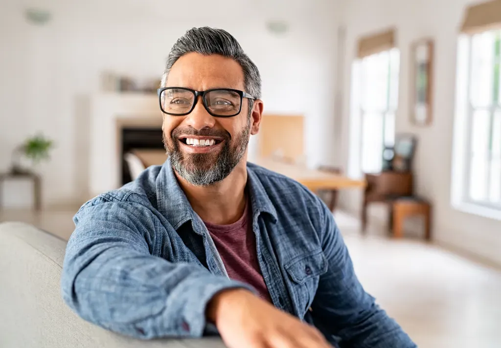 man wearing glasses and a blue denim jacket sitting in a living room smiling