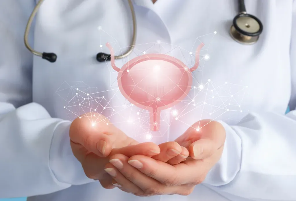 a person wearing a lab coat holding their hands together with an illustration of a bladder floating above